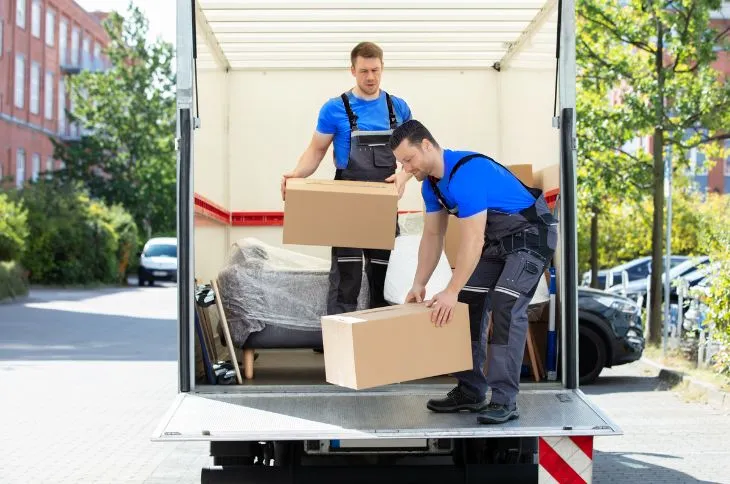 Umzugshelfer mit Transporter vor Haus Umzugshelfer mit Transporter vor Haus